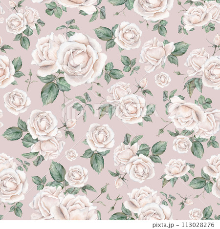Light pink roses seamless pattern. Light cream roses arrangement. collection garden flowers and leaves. watercolor hand painting illustration on isolate background. For wedding invitations 113028276