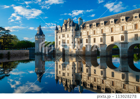 Chateau de Chenonceau is a french castle spanning the River Cher near Chenonceaux village, Loire valley in France 113028278