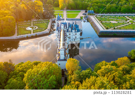 Chateau de Chenonceau is a french castle spanning the River Cher near Chenonceaux village, Loire valley in France 113028281