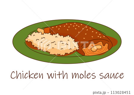 Vector illustration of Mexican coisine Chicken with rice and moles sauce Vector illustration of Mexican coisine Chicken with rice and moles sauce 113028451