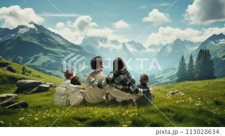 Large family, parents and children sit in green meadow and admire mountains surrounding them on fine spring day. Large family, parents and children sit in green meadow and admire mountains surrounding them on fine spring day. 113028634