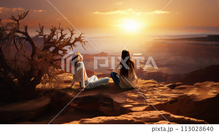 Two young girls, friends sit on edge of cliff, watching sunrise over dry, sandy desert. Warm, bright light falls, illuminating landscape. 113028640
