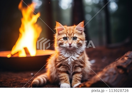 A cute domestic ginger kitten sits against the backdrop of a fire. Blurred background. Bonfire. Outdoor adventure. A fluffy cat goes on a hike. Fluffy cat in the forest. Camp concept. Hike 113028726
