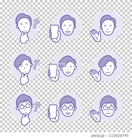 A round icon of a man tilting his head in doubt, holding a smartphone, and pointing with his hand [1 color] [Set] 113028745