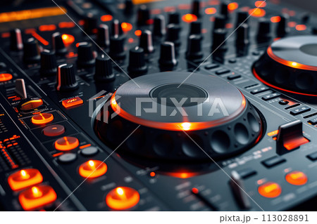 AI-generated content. DJ using audio mixing controller panel equalizer musical console AI Generative 113028891