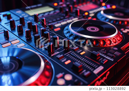 AI-generated content. An audio mixing controller panel equalizer musical console is used by DJ AI Generative 113028892