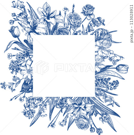 Square frame with spring and summer garden flowers. Floral illustration. Blue drawing. Square frame with spring and summer garden flowers. Floral illustration. Blue drawing. 113028911