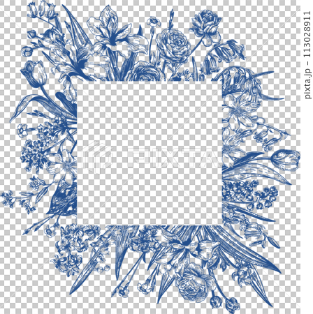 Square frame with spring and summer garden flowers. Floral illustration. Blue drawing. Square frame with spring and summer garden flowers. Floral illustration. Blue drawing. 113028911