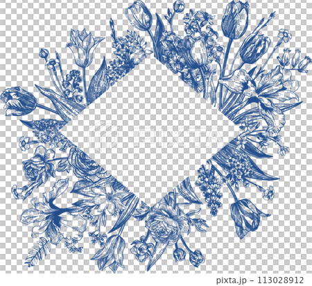 Rhombus frame with garden flowers. Floral illustration. Blue drawing. Iris, hyacinth, tulip, forget-me-not, cloves, anemone. Rhombus frame with garden flowers. Floral illustration. Blue drawing. Iris, hyacinth, tulip, forget-me-not, cloves, anemone. 113028912