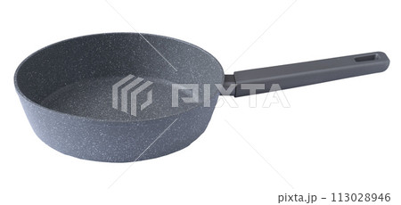 New granite frying pan isolated on white background, top view. Empty fry pan with handle. New granite frying pan isolated on white background, top view. Empty fry pan with handle. 113028946