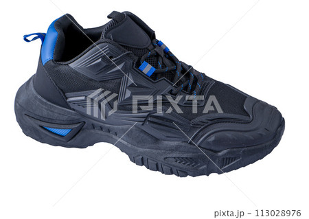 Black sneakers with thick rubber soles. Sports casual shoes. Modern footwear isolated on white background Black sneakers with thick rubber soles. Sports casual shoes. Modern footwear isolated on white background 113028976