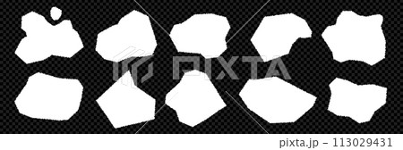 Kit of edge and torn paper. Jagged abstrac and rectangle shapes, Rough pieces on transparent background. Vector elements collection 113029431