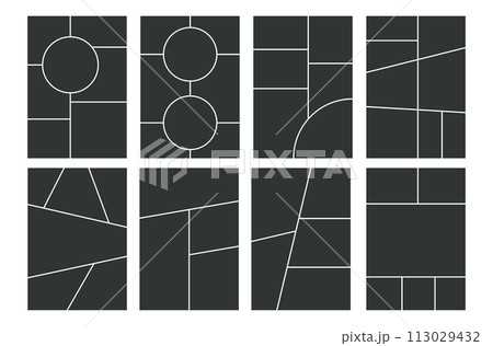 Grid template for photo collage. Vector mood board. Page with frames. Simple layout mosiac with roundes. Gray at the white background 113029432