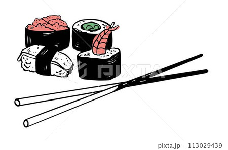 Various sushi asian food hand drawn vector set with plate chopsticks isolated on white  113029439