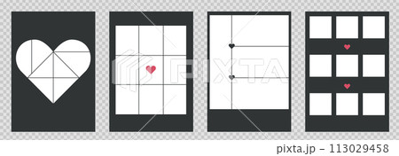 Set of collage posters templates for photos. Vector designs with hearts elements and grid for pictures. Simple trendy geometric design 113029458