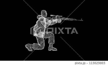 3D Sniper on black background. Military concept. Special Forces Soldier. Business advertising backdrop. For title, text, presentation. 3d animation 3D Sniper on black background. Military concept. Special Forces Soldier. Business advertising backdrop. For title, text, presentation. 3d animation 113029803