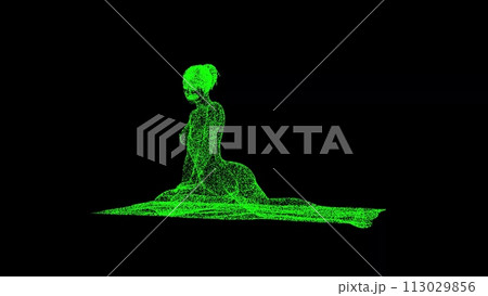 3D Girl on the beach on black background. Sports Fitness calmness concept. Healthy lifestyle. Business advertising backdrop. For title, text, presentation. 3d animation 113029856