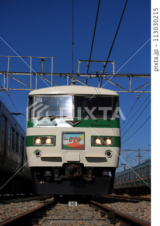 夕刻の日を浴びて車体を輝かせる185系新幹線リレー色(小山車両センター撮影会)_2024/3/2撮影 113030215