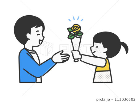 黄色のバラをプレゼントする子供のイラスト素材 113030502