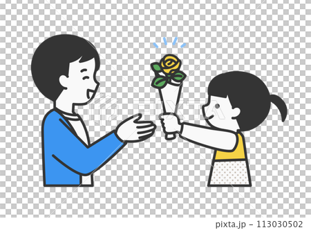 黄色のバラをプレゼントする子供のイラスト素材 113030502