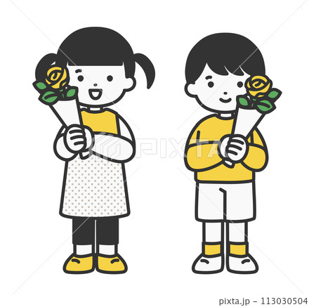 黄色のバラを持つ子供のイラスト素材 113030504