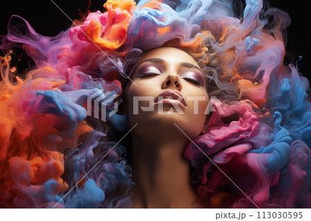 A digital woman art portrait enveloped in a surreal blend of vivid, swirling colors. AI generation 113030595