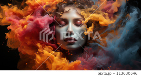 Woman's face emerging from a vibrant swirl of colorful smoke. AI generation 113030646