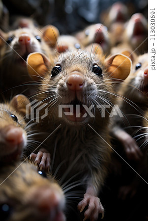 A close-up of mice, their faces full of excitement and curiosity. AI generation 113030691