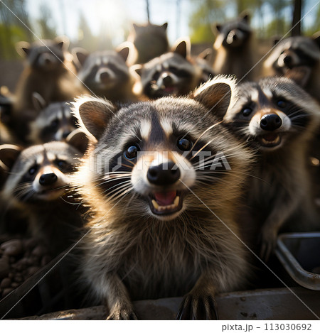 Sunlight filters through the trees onto a lively group of raccoons. AI generation 113030692