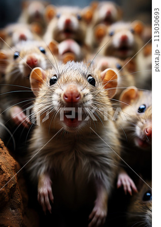 Close-up of mice with bright eyes full of wonder amidst rocks. AI generation 113030693