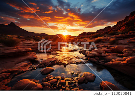 Dramatic desert sunset reflecting in a stream. AI generation 113030841