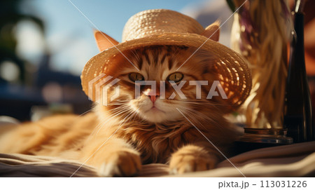 A relaxed tabby cat under a straw hat enjoys a leisurely tropical day. AI generation A relaxed tabby cat under a straw hat enjoys a leisurely tropical day. AI generation 113031226