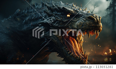 Close-up of a fearsome dragon's head as it emerges from darkness, fire glowing in the background. AI generation Close-up of a fearsome dragon's head as it emerges from darkness, fire glowing in the background. AI generation 113031281