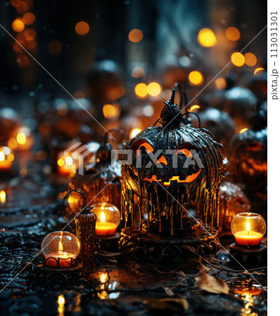 Mysterious Halloween pumpkins with melting candles. AI generation Mysterious Halloween pumpkins with melting candles. AI generation 113031301