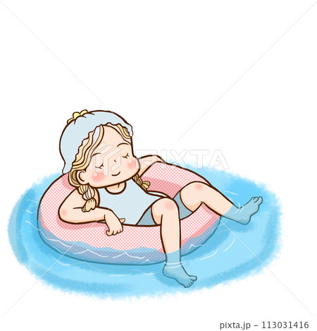 水面に浮き輪で遊ぶ女の子 113031416