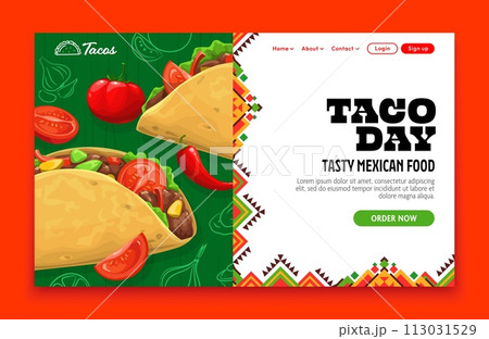 Taco day, Mexican cuisine delivery landing page. Vector web banner offering authentic mexico cuisine. Enjoy doorstep delivery of favorite tacos, bursting with traditional flavors and fresh ingredients Taco day, Mexican cuisine delivery landing page. Vector web banner offering authentic mexico cuisine. Enjoy doorstep delivery of favorite tacos, bursting with traditional flavors and fresh ingredients 113031529
