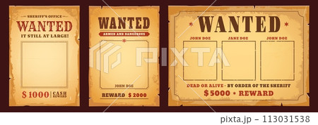 Western wanted banners with reward. Dead or alive vintage poster vector templates. Wild West cowboy or Texas criminal wanted signs with blank photo frames and bounty on old paper texture background 113031538