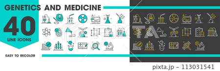Genetics and science icons, physics and medicine, chemistry and biology, line vector. Genetics laboratory tests and chemical vials, DNA and atom, molecular lab and genetic science research line icons 113031541