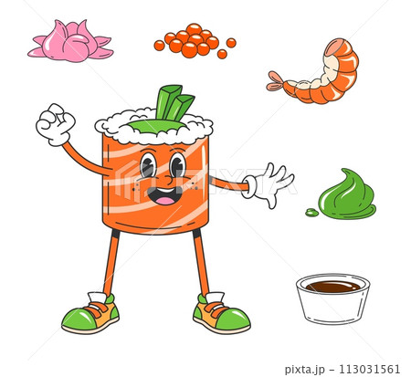 Retro cartoon groovy japanese roll character. Isolated cute vector round sushi with expressive eyes, smiling face, salmon fish wrap and rice. Traditional japan asian food restaurant menu personage 113031561