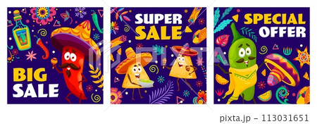 Holiday big and super sale, special offer banners with mexican characters, mariachi peppers and nachos. Vector promo cards to celebrate fiesta savings, incredible deals and festive shopping experience 113031651