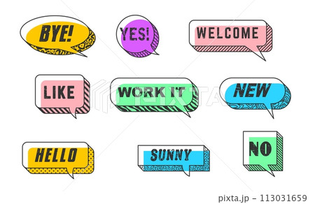 Memphis speech bubbles isolated vector set. Colorful dialog and chat clouds, round, oval or square shapes with grunge typography words. Like, new or welcome, bye, work it. Hello, sunny, yes or no Memphis speech bubbles isolated vector set. Colorful dialog and chat clouds, round, oval or square shapes with grunge typography words. Like, new or welcome, bye, work it. Hello, sunny, yes or no 113031659