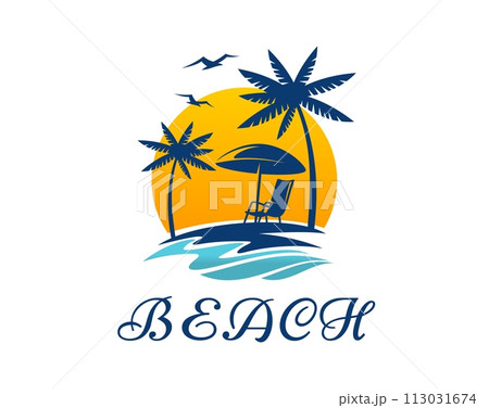 Tropical summer beach logo icon with palm trees, umbrella and daybed at seaside with sun and flying gulls. Isolated vector emblem for summer travel, vacation or holiday spare time with paradise island Tropical summer beach logo icon with palm trees, umbrella and daybed at seaside with sun and flying gulls. Isolated vector emblem for summer travel, vacation or holiday spare time with paradise island 113031674