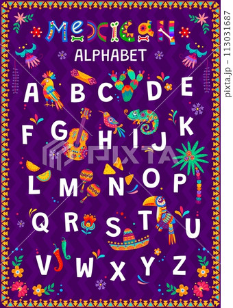 Kids Mexican alphabet with national cuisine, animals and flowers. Vector set of abc uppercase letters, adorned with traditional cacti, palm trees, chameleons, tex mex food, maracas, guitar and birds 113031687
