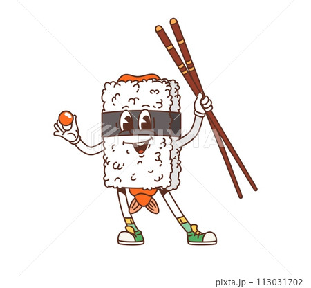 Cartoon japanese sushi groovy character. Isolated vector cheerful japan food sushi personage with cute eyes, and smiling face, holds chopsticks and caviar ball, radiating hippie joy and culinary charm 113031702
