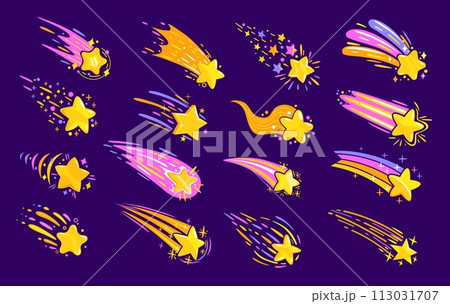 Cartoon shooting space stars with trails, falling galaxy comets and meteors silhouettes. Vector set of bright, colorful cosmic meteorites with traces. Magical streaks of light and energy in motion 113031707