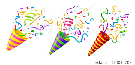 Holiday popper striped cone, firecracker with confetti. Isolated cartoon vector vibrant birthday party shooters burst of joy, releasing festive ribbons to celebrate carnival or special occasion 113031708