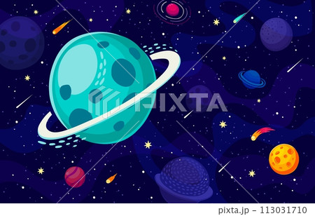 Cartoon galaxy space landscape with Saturn planet and stars in the dark, deep Universe. Vector cosmic background, Saturn reigns with its ethereal rings, surrounded by a tapestry of stars and comets 113031710