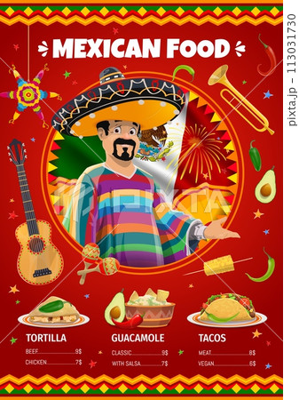 Mexican cuisine menu vector template. Savor the vibrant flavors of mexico with diverse dishes, tantalizing tacos, zesty guacamole and hearty enchiladas or tortillas, showcasing rich authentic culinary 113031730