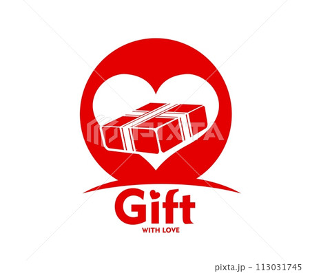 Gift box icon or birthday surprise with ribbon and love heart, vector present symbol. Gifts shop icon or wedding, Valentine or birthday surprise, gift box emblem for holiday or celebration event store Gift box icon or birthday surprise with ribbon and love heart, vector present symbol. Gifts shop icon or wedding, Valentine or birthday surprise, gift box emblem for holiday or celebration event store 113031745