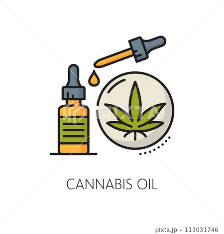 Medical cannabis color line icon, cbd and marijuana, weed extract. Isolated vector linear symbol features bottle and pipette with oil drop. Natural organic hemp thc production, drug or medicine Medical cannabis color line icon, cbd and marijuana, weed extract. Isolated vector linear symbol features bottle and pipette with oil drop. Natural organic hemp thc production, drug or medicine 113031746